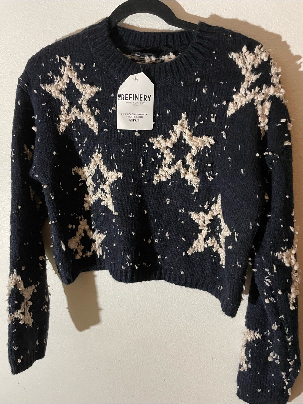 Storia Navy Crewneck Sweater with Cream Star Pattern